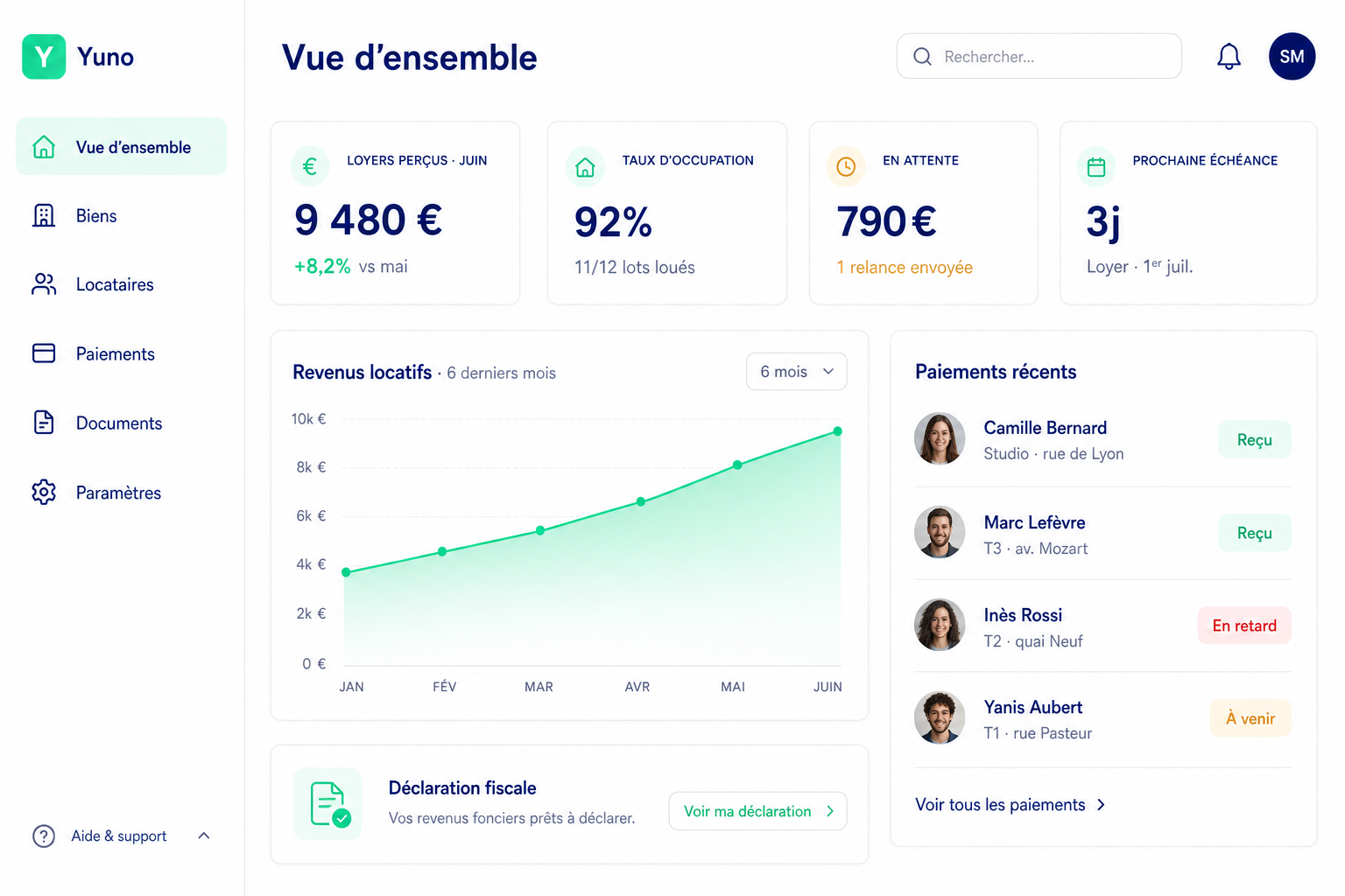 Preview of the Yuno dashboard — rental management